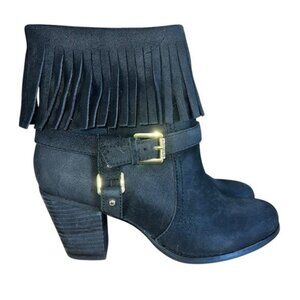 Lauren Ralph Lauren Boots Womens 7.5B Black Suede Fringe & Buckle Zip Western